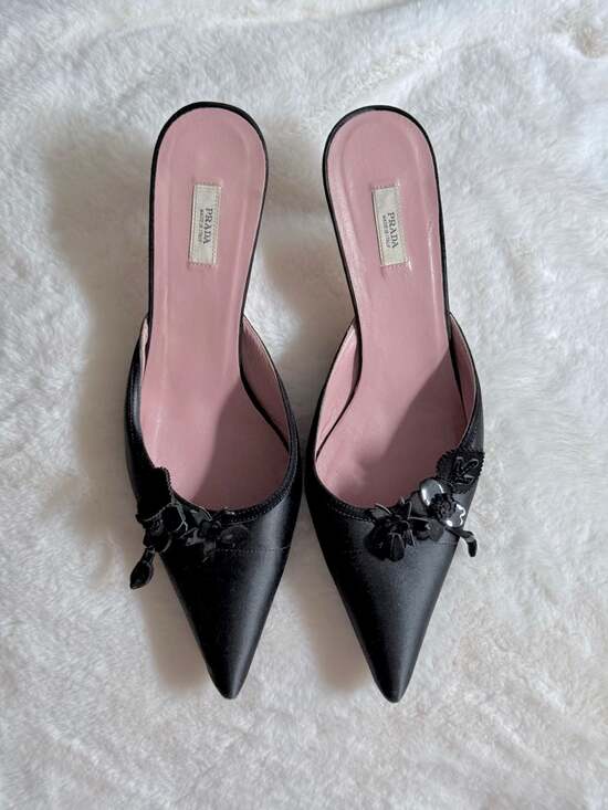 Prada Shoes - Prada Vintage Black Satin and Suede Kitten Heel Mules with Floral Accents